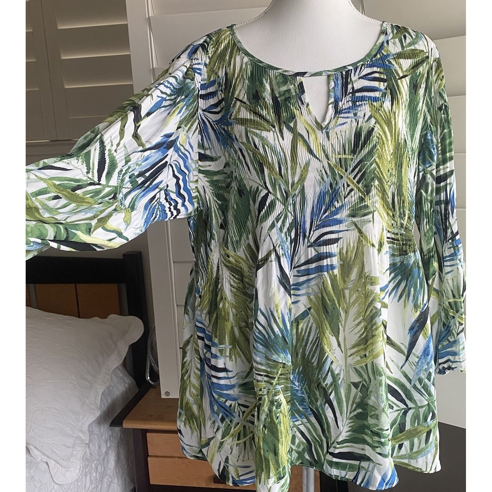 Floral‎ and Ivy Blouse XL Boho Flowy Artsy Smocked Peasant Puff Sleeve Tropical